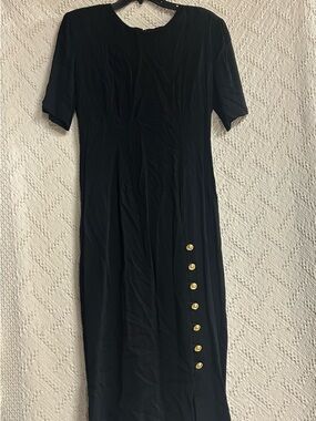 Phoebe Couture Black Midi Dress with Gold-Tone Side Buttons